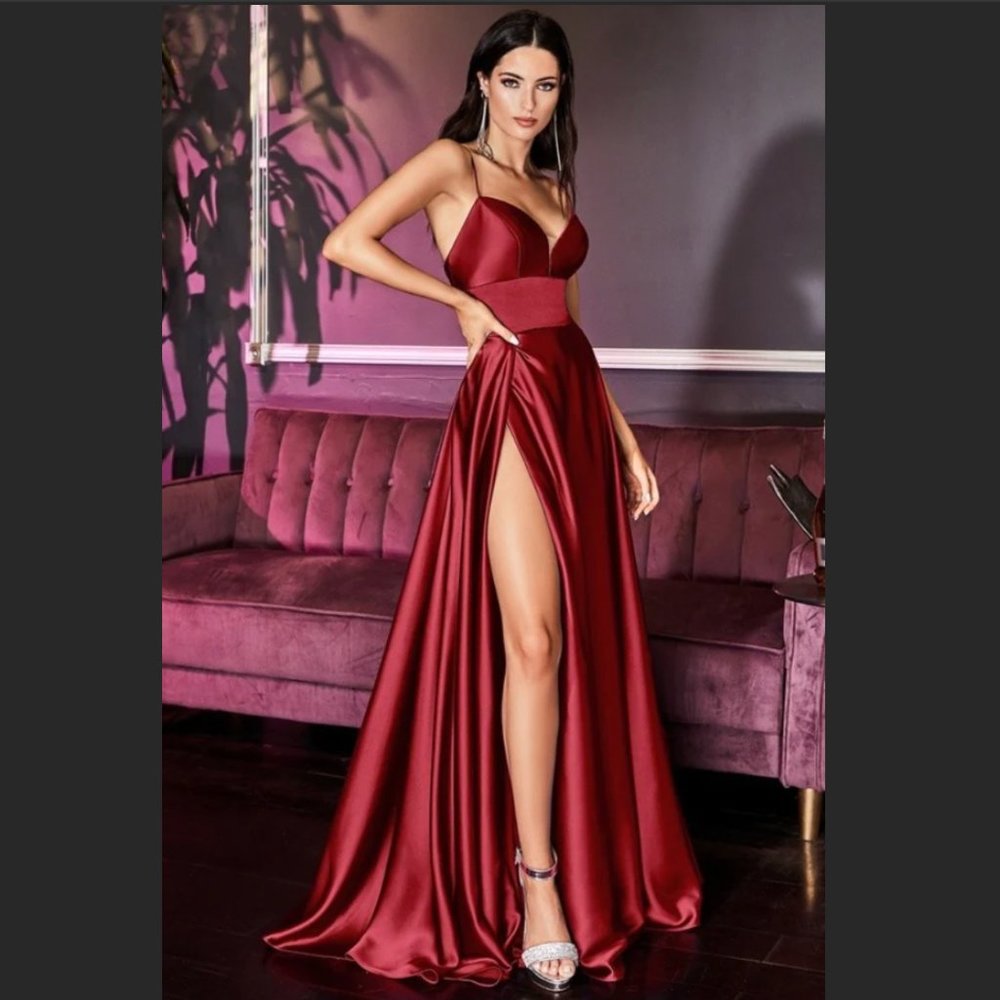High Split A-line Gown in Crimson (BRAND NEW)